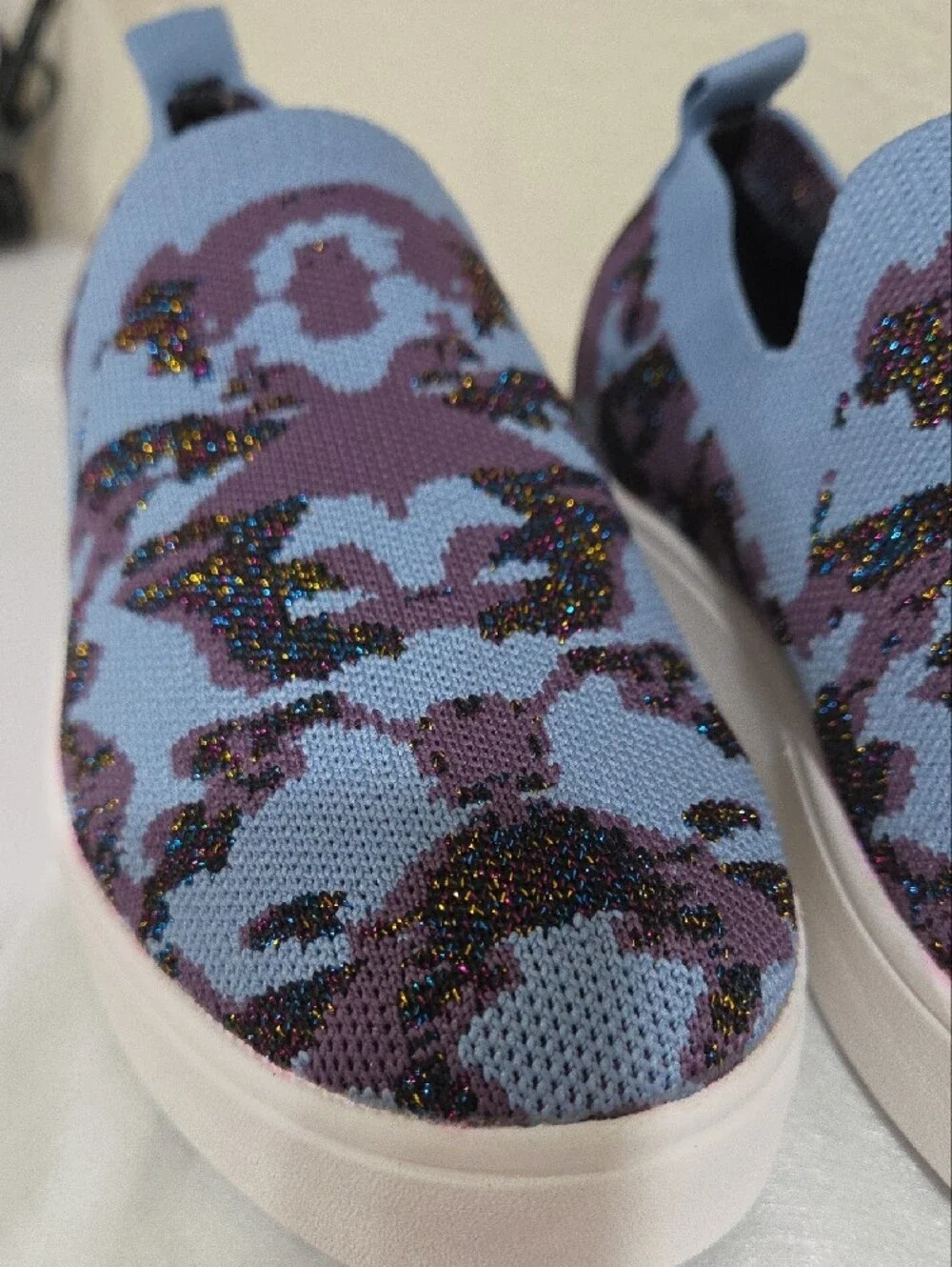 bernie mev. Knit Slip-On Sneakers in Light Blue and Purple Camo